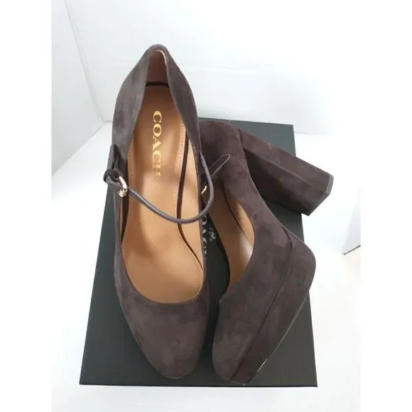 New! COACH Women's Mary Jane Platform Pumps Brown Suede Heels Shoes Chunky Heels - Picture 6 of 8